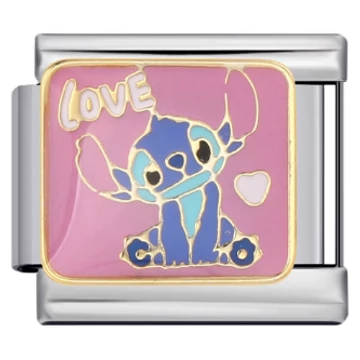 Stitch „LOVE” olasz charm – rózsaszín háttér