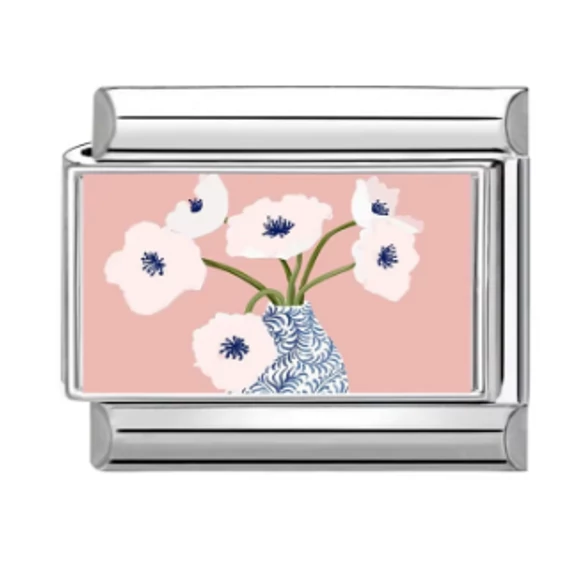 Pink Virágok Kék Vázában– Elegáns Design, Italian Charm Bracelet