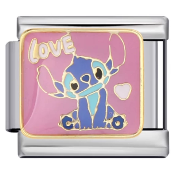 Stitch „LOVE” olasz charm – rózsaszín háttér